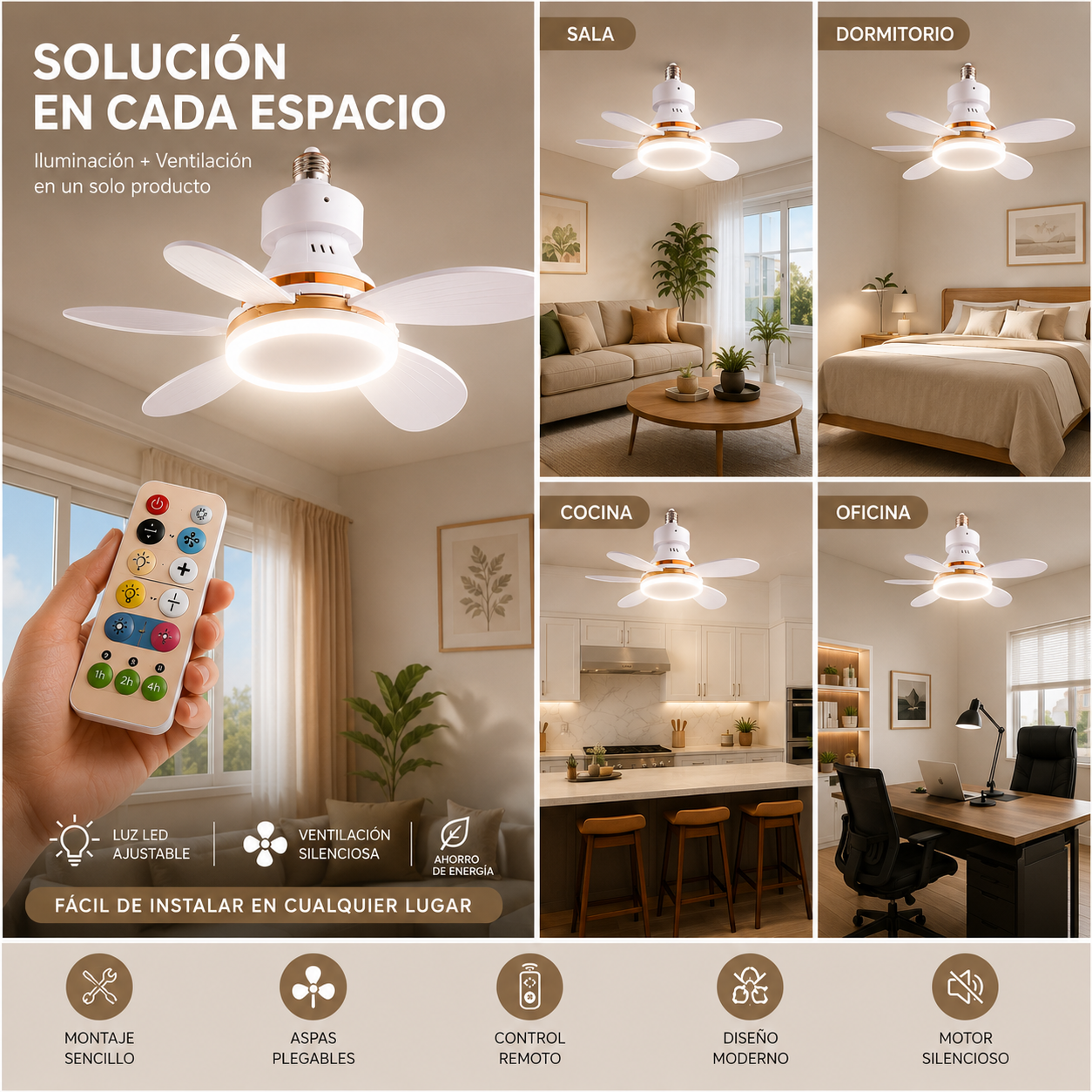Ventilador de techo con foco LED y diseño moderno.