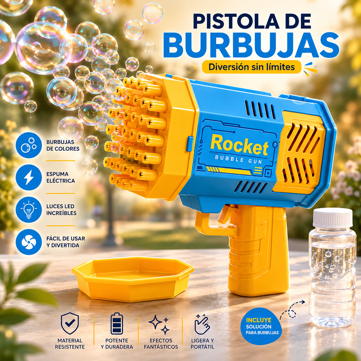 Juguete pistola de burbujas para niños ideal para fiestas, juegos recreativos y actividades al exterior.