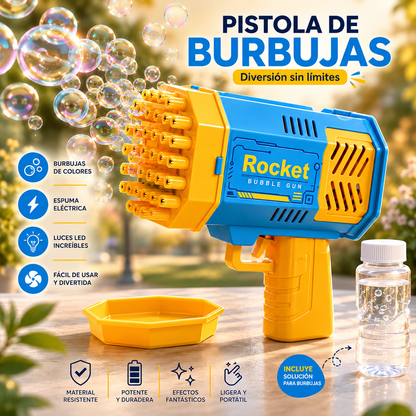 Juguete pistola de burbujas para niños ideal para fiestas, juegos recreativos y actividades al exterior.