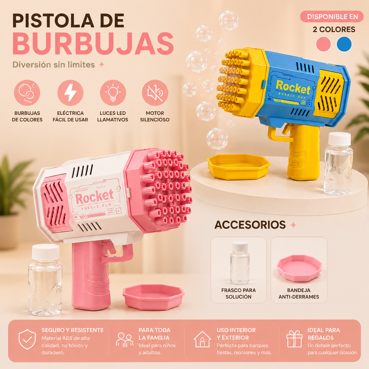 Juguete pistola de burbujas para niños ideal para fiestas, juegos recreativos y actividades al exterior.