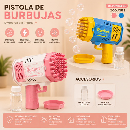 Juguete pistola de burbujas para niños ideal para fiestas, juegos recreativos y actividades al exterior.