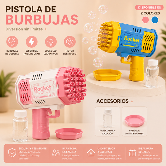 Juguete pistola de burbujas para niños ideal para fiestas, juegos recreativos y actividades al exterior.