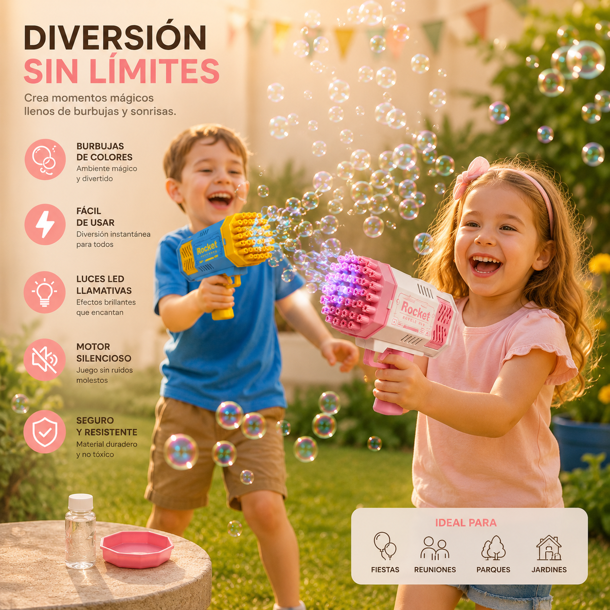 Juguete pistola de burbujas para niños ideal para fiestas, juegos recreativos y actividades al exterior.