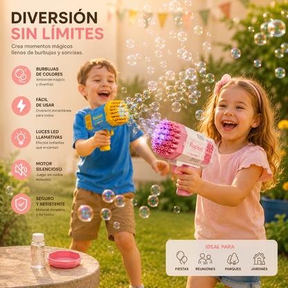 Juguete pistola de burbujas para niños ideal para fiestas, juegos recreativos y actividades al exterior.