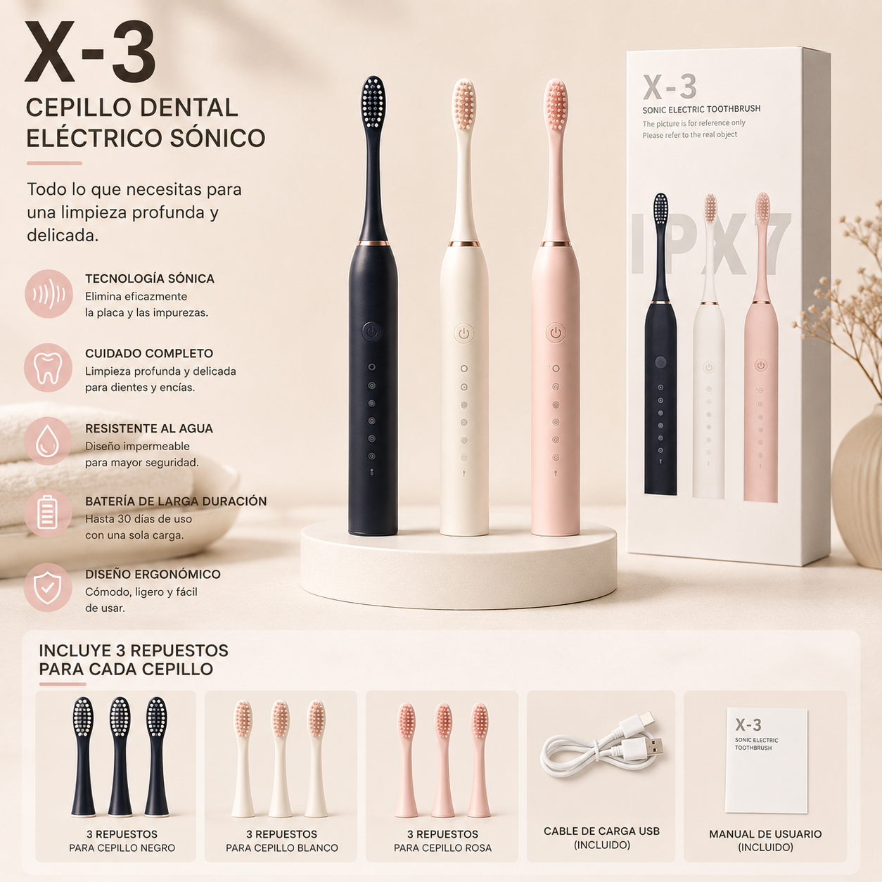 Cepillo eléctrico para dientes con diseño ergonómico que facilita una limpieza cómoda y efectiva.
Cepillo dental eléctrico recargable diseñado para una limpieza profunda y eficiente de dientes y encías.