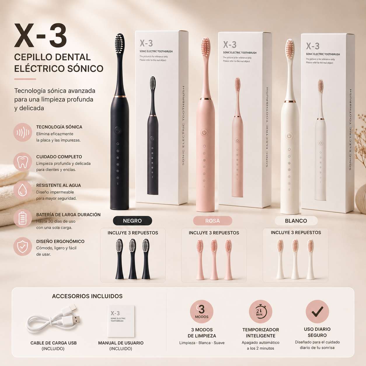 Cepillo eléctrico para dientes con diseño ergonómico que facilita una limpieza cómoda y efectiva.
Cepillo dental eléctrico recargable diseñado para una limpieza profunda y eficiente de dientes y encías.