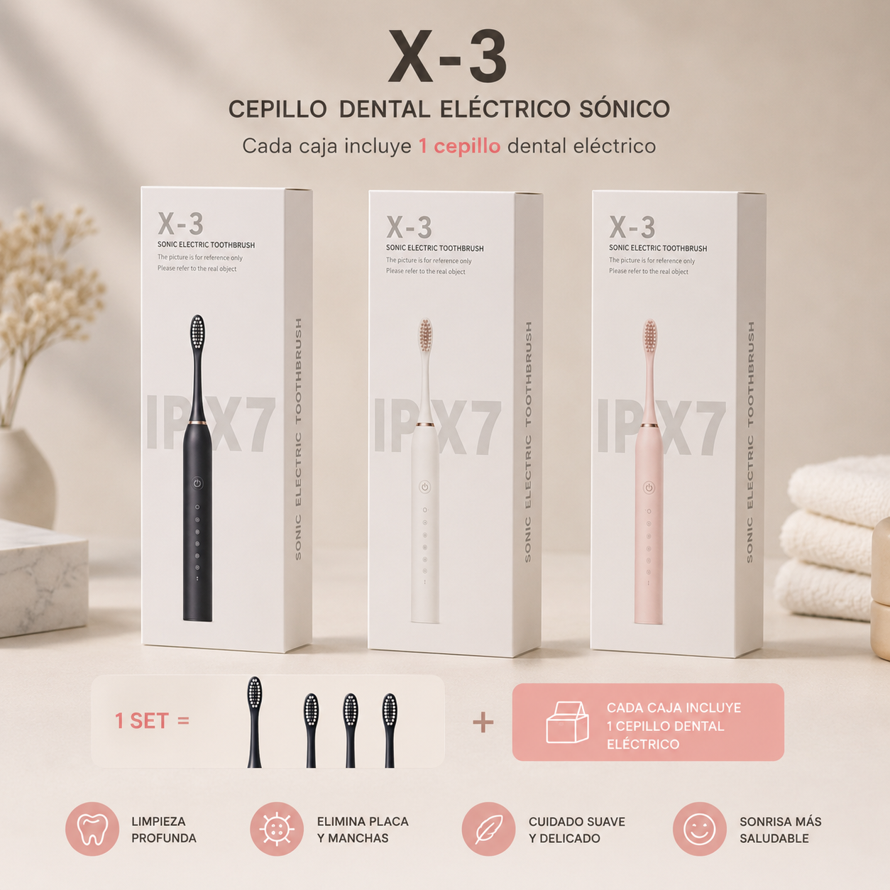 Cepillo eléctrico para dientes con diseño ergonómico que facilita una limpieza cómoda y efectiva.
Cepillo dental eléctrico recargable diseñado para una limpieza profunda y eficiente de dientes y encías.