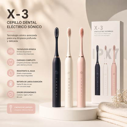 Cepillo dental eléctrico recargable diseñado para una limpieza profunda y eficiente de dientes y encías.
Cepillo eléctrico para dientes con diseño ergonómico que facilita una limpieza cómoda y efectiva.
