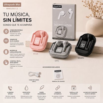 Audífonos inalámbricos Bluetooth con estuche de carga portátil y pantalla LED digital, diseño moderno, compacto y ergonómico para música, llamadas y uso diario.