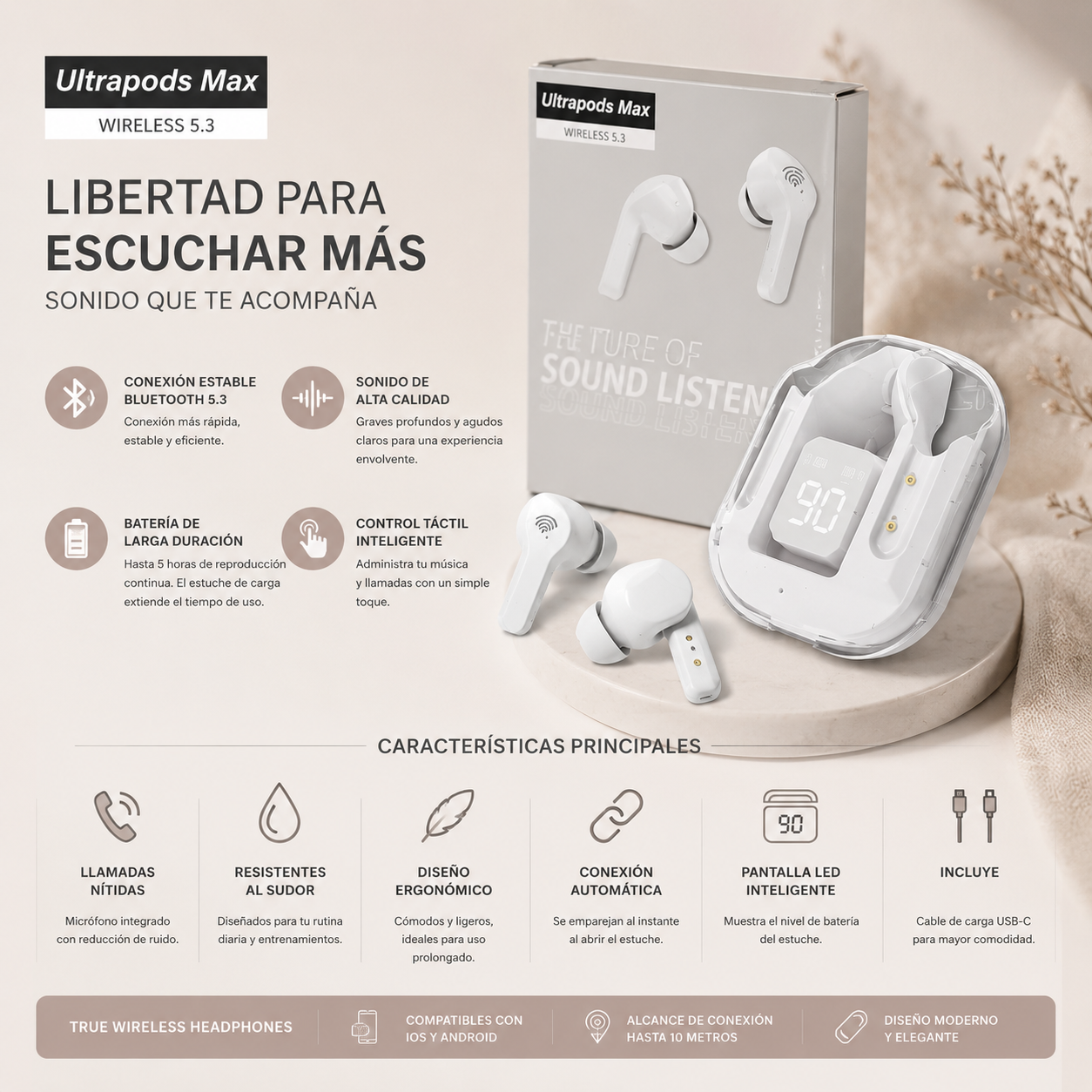 Audífonos inalámbricos Bluetooth con estuche de carga portátil y pantalla LED digital, diseño moderno, compacto y ergonómico para música, llamadas y uso diario.