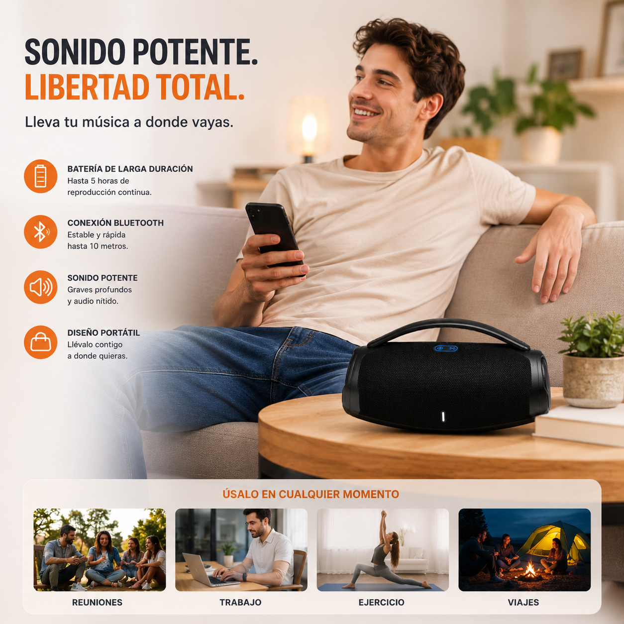 Altavoz inalámbrico BOX3 Mini LED con batería recargable de 1500mAh, diseño compacto y asa para fácil transporte.