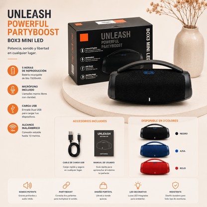 Altavoz inalámbrico BOX3 Mini LED con batería recargable de 1500mAh, diseño compacto y asa para fácil transporte.