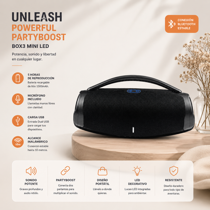 Altavoz inalámbrico BOX3 Mini LED con batería recargable de 1500mAh, diseño compacto y asa para fácil transporte.
