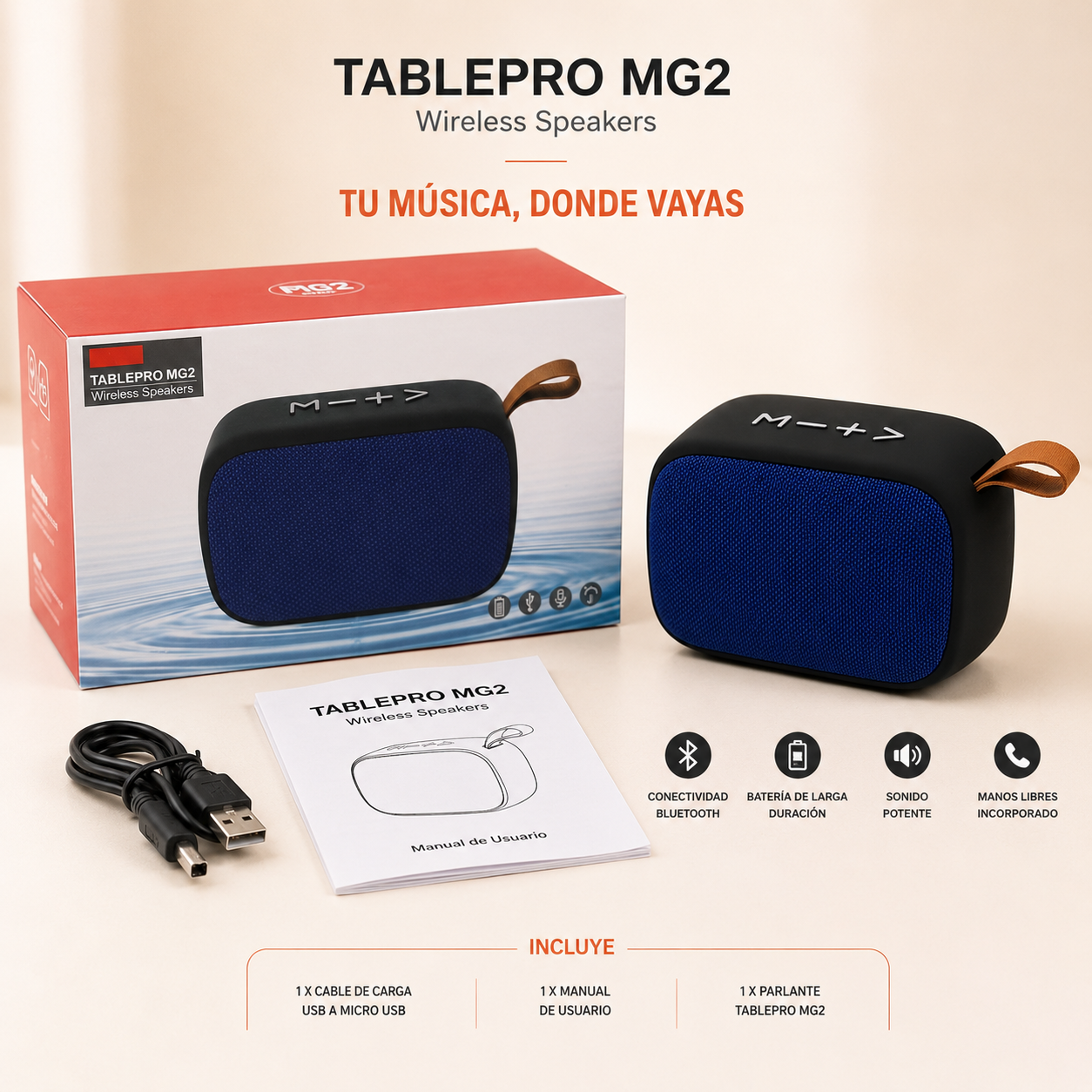 Altavoz inalámbrico TablePro MG2 con correa de transporte integrada
Speaker inalámbrico TablePro MG2 para música, llamadas y entretenimiento
