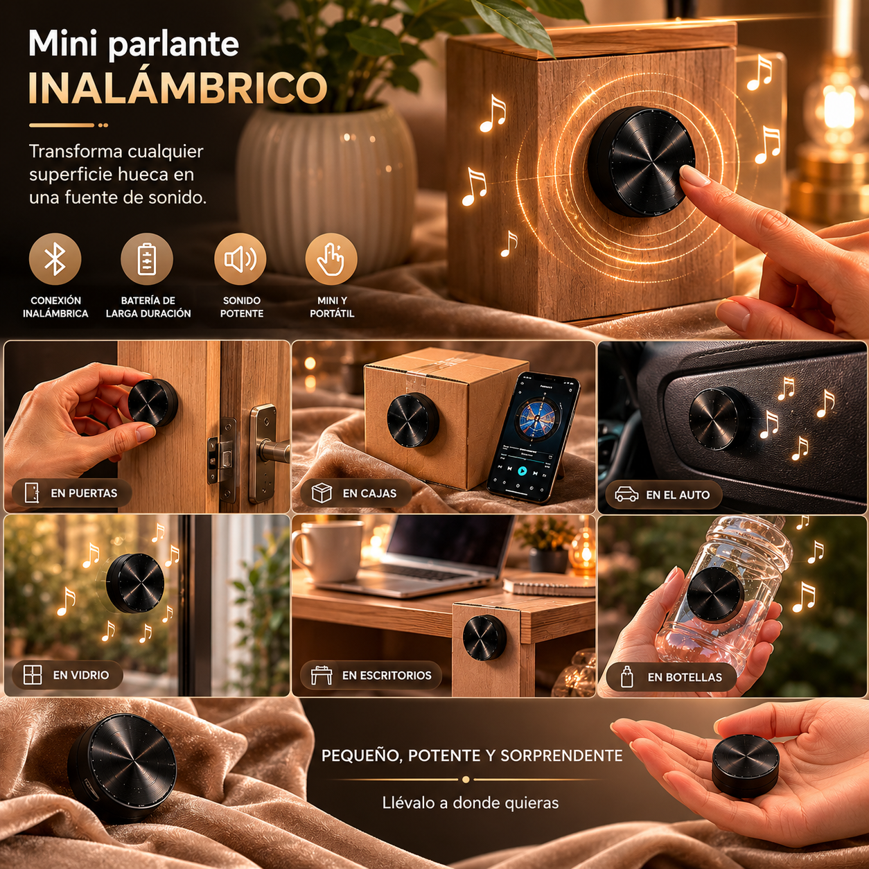 Mini parlante portátil con diseño compacto y acabado moderno
Mini parlante inalámbrico portátil para música y entretenimiento