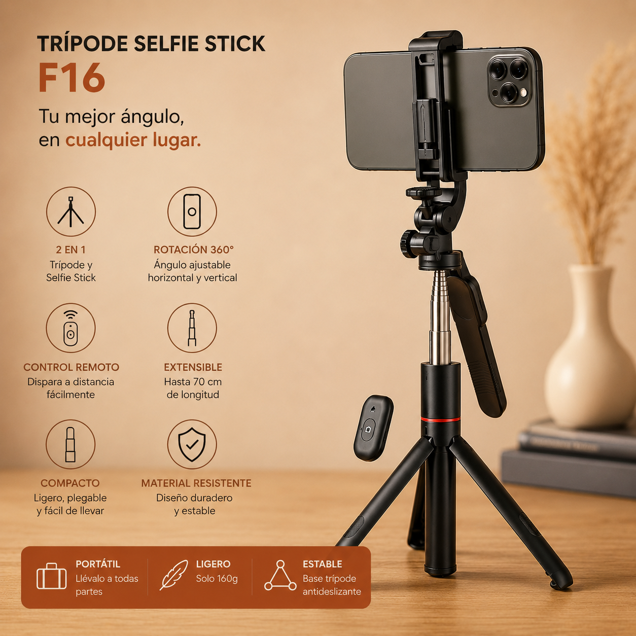 Trípode compacto y ligero fácil de transportar y almacenar
Trípode para smartphone ideal para fotografía y grabación de videos