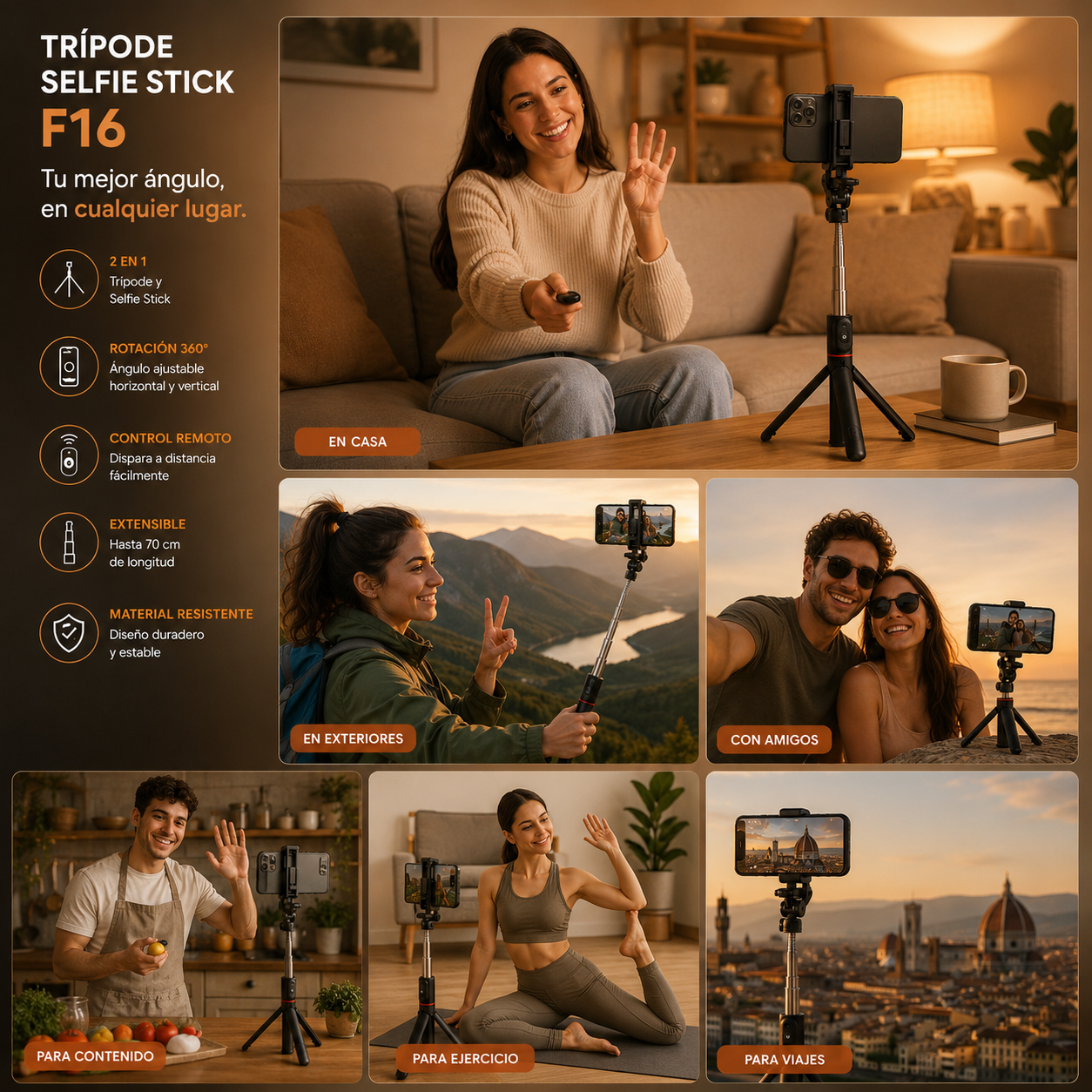 Trípode compacto y ligero fácil de transportar y almacenar
Trípode para smartphone ideal para fotografía y grabación de videos