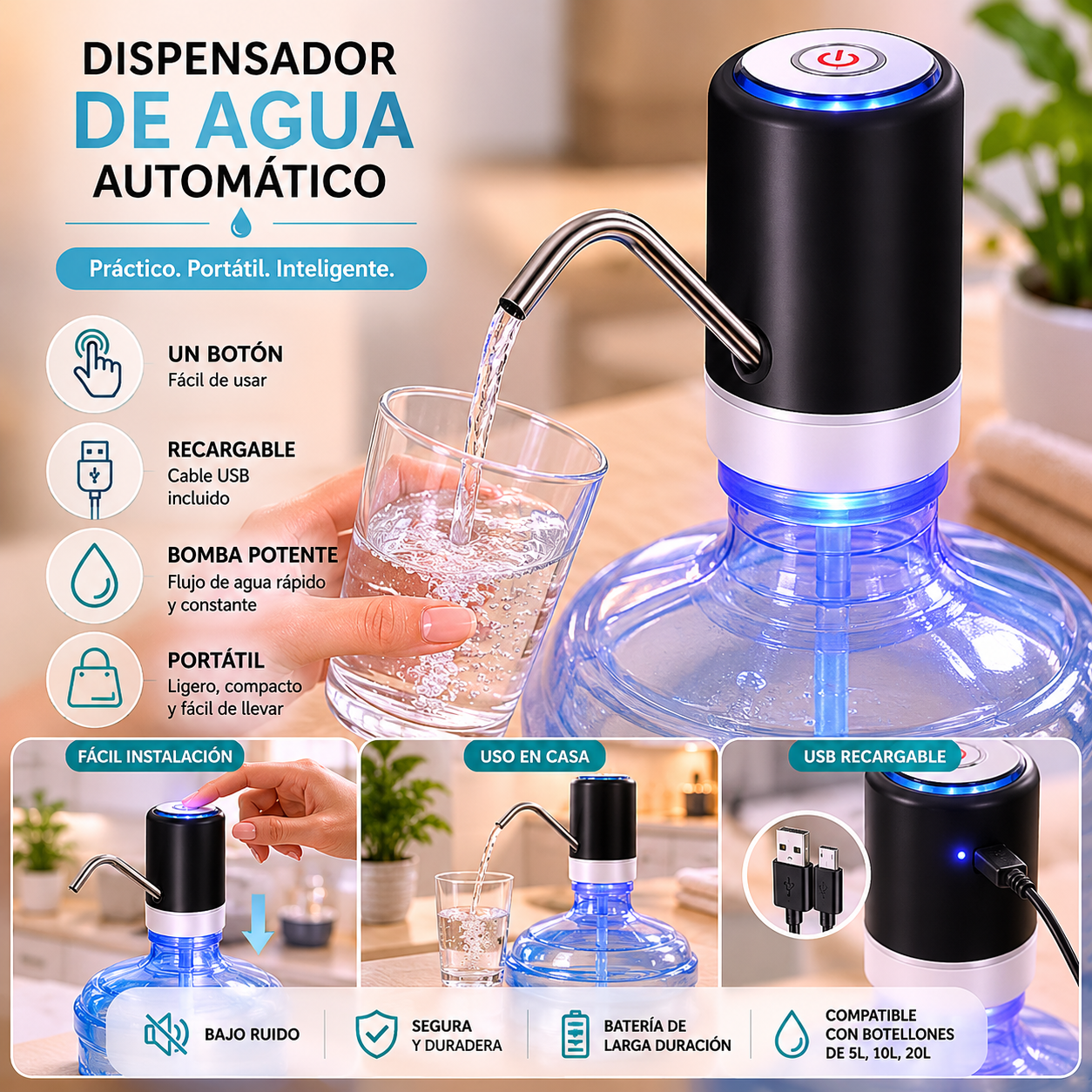 Dispensador de agua eléctrico recargable por USB para garrafón, portátil, práctico y fácil de usar. Ideal para servir agua potable en el hogar, oficina o cualquier espacio de forma rápida e higiénica.