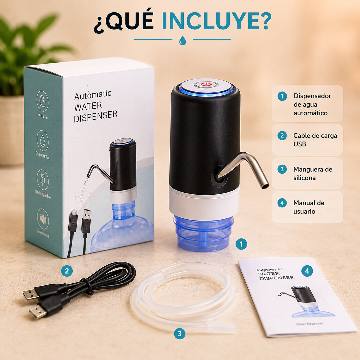 Dispensador de agua eléctrico recargable por USB para garrafón, portátil, práctico y fácil de usar. Ideal para servir agua potable en el hogar, oficina o cualquier espacio de forma rápida e higiénica.