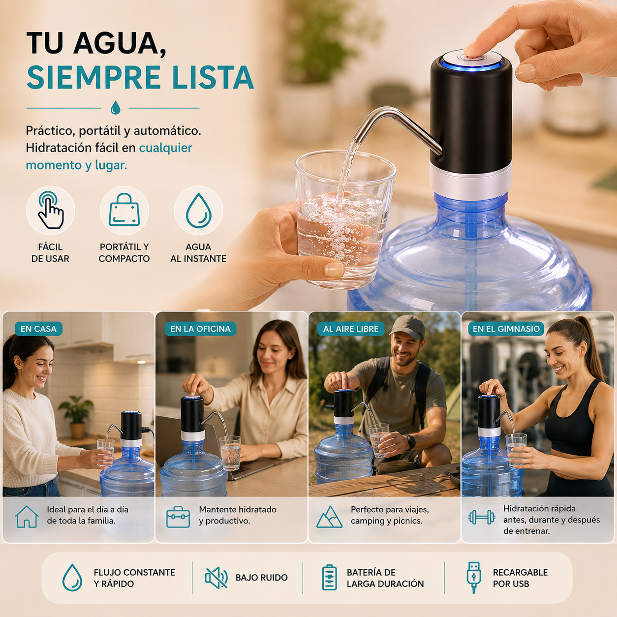 Dispensador de agua eléctrico recargable por USB para garrafón, portátil, práctico y fácil de usar. Ideal para servir agua potable en el hogar, oficina o cualquier espacio de forma rápida e higiénica.