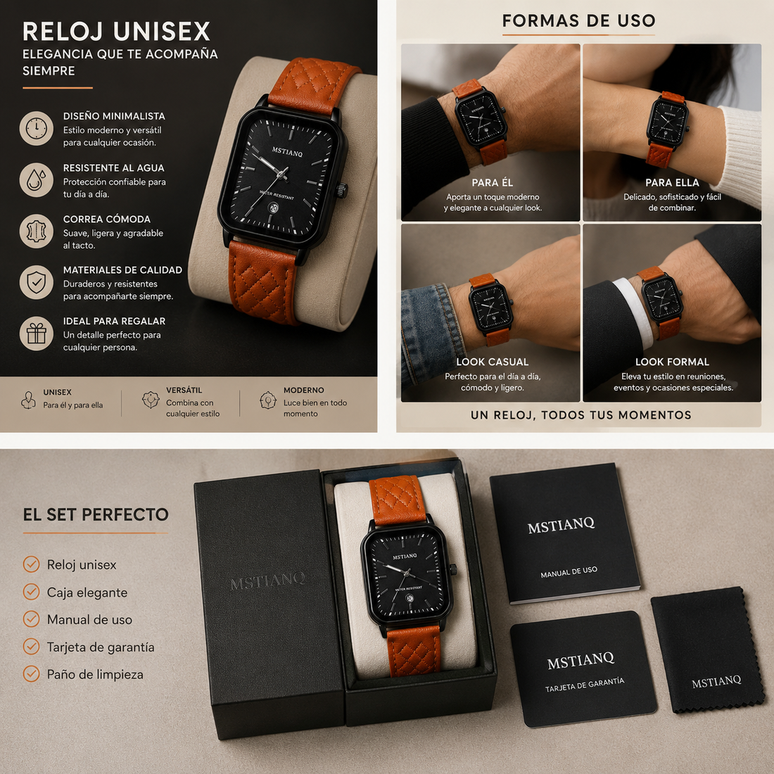 Reloj analógico color camel con diseño elegante y moderno, esfera de fácil lectura, acabado sofisticado y estilo versátil para uso diario o formal.
