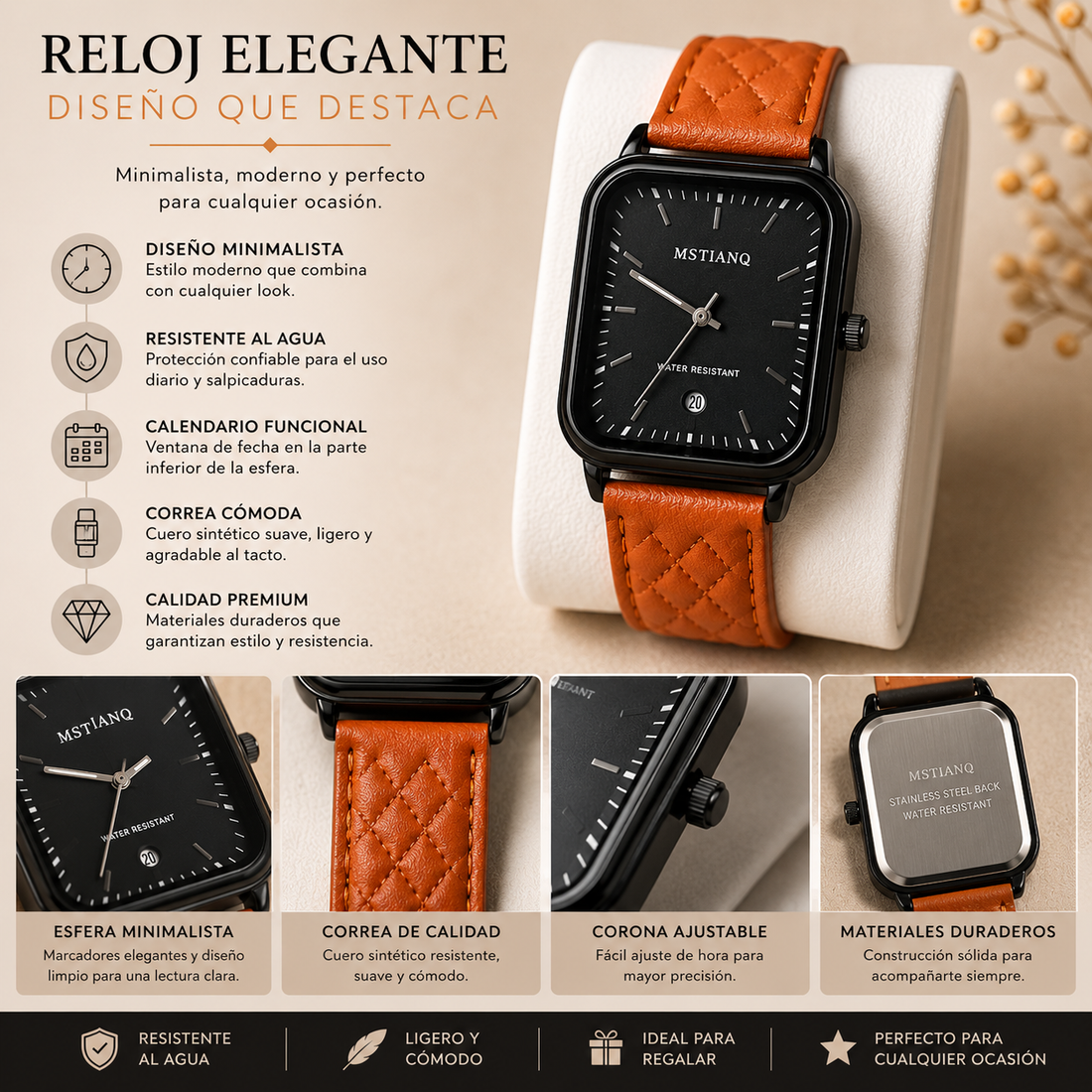 Reloj analógico color camel con diseño elegante y moderno, esfera de fácil lectura, acabado sofisticado y estilo versátil para uso diario o formal.
