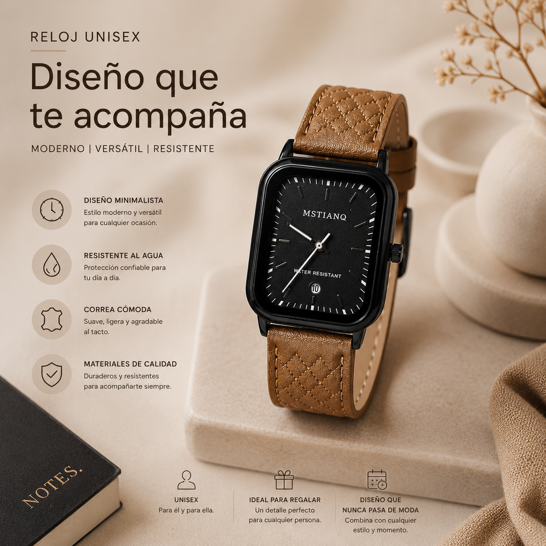 Reloj analógico cuadrado color café con diseño elegante y moderno, esfera de fácil lectura, acabado sofisticado y estilo versátil para uso diario o formal.