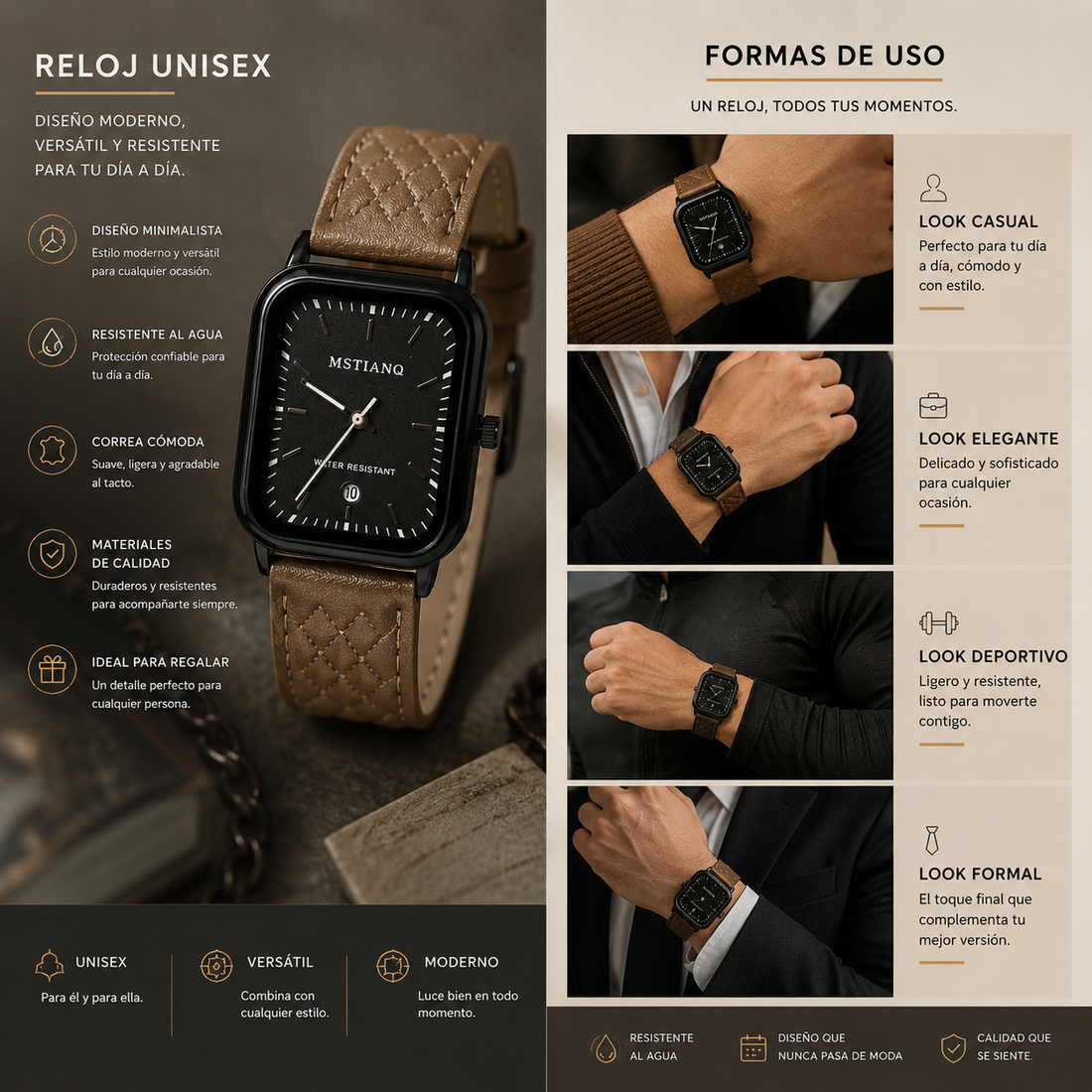 Reloj analógico cuadrado color café con diseño elegante y moderno, esfera de fácil lectura, acabado sofisticado y estilo versátil para uso diario o formal.