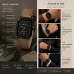 Reloj analógico cuadrado color café con diseño elegante y moderno, esfera de fácil lectura, acabado sofisticado y estilo versátil para uso diario o formal.