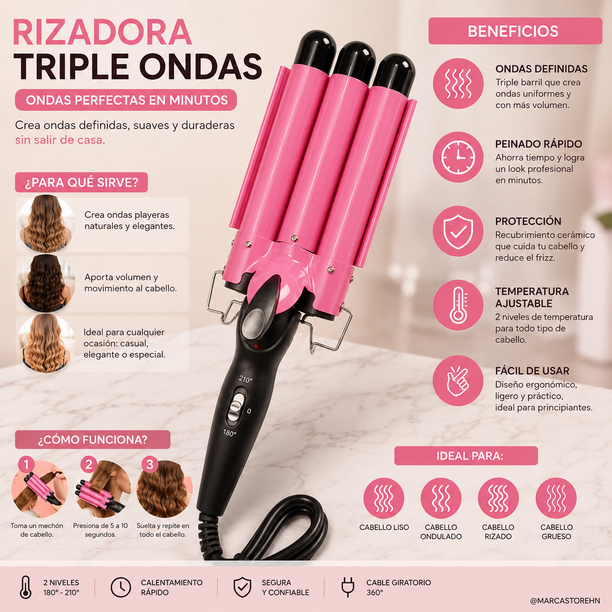 Rizador de cabello triple de tres barriles con acabado en color rosa y negro, diseñado para crear ondas de playa y peinados con volumen. La caja muestra las características del producto, incluyendo luz indicadora de funcionamiento, punta antiquemaduras, soporte de seguridad y temperaturas recomendadas de 180 °C para cabello fino y 210 °C para cabello grueso.