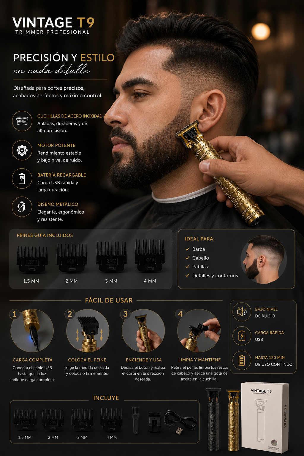 Afeitadora eléctrica multifuncional recargable con cabezal rotativo triple, cepillo facial, perfilador nasal y accesorios de precisión para el cuidado personal masculino.