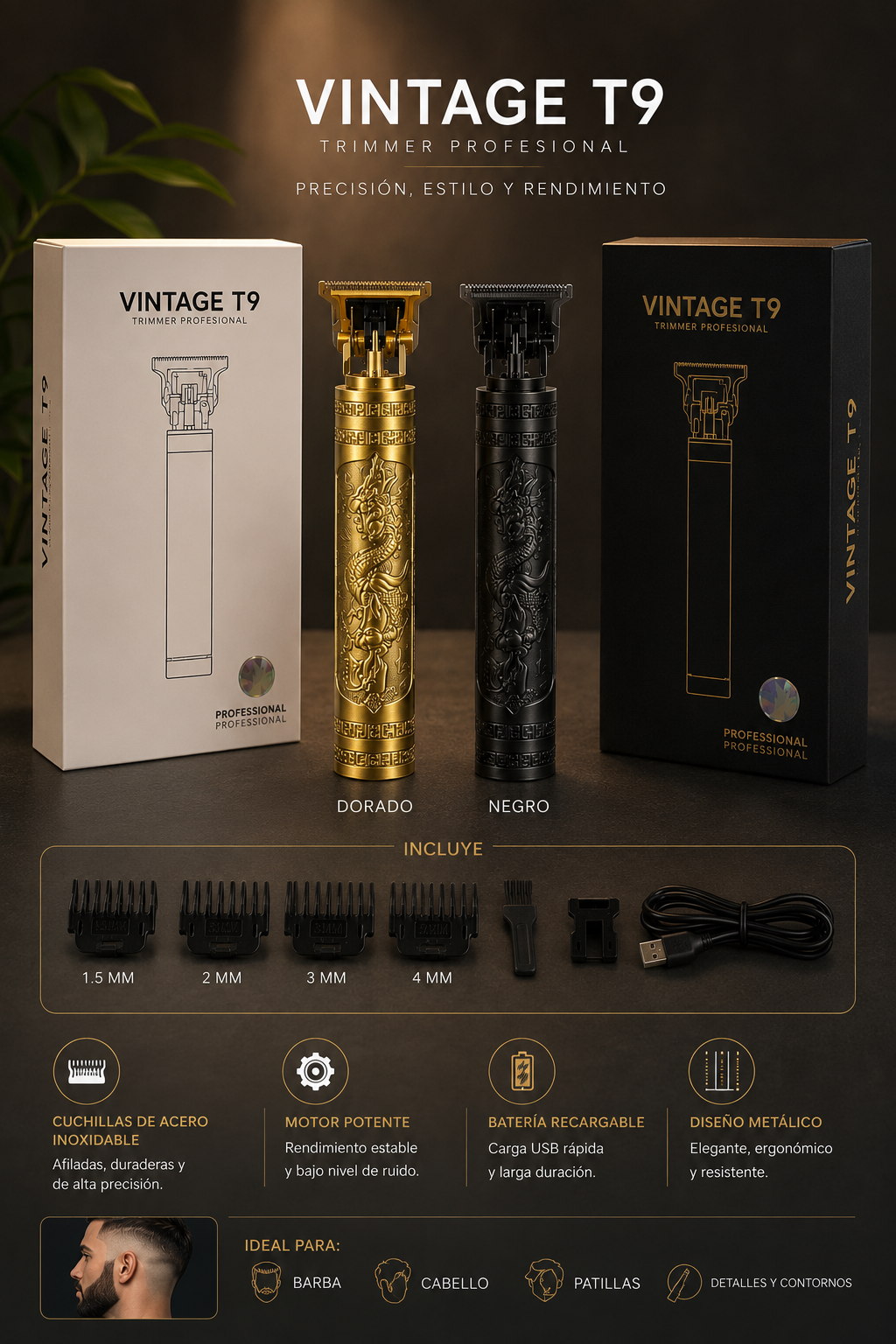 Afeitadora eléctrica multifuncional recargable con cabezal rotativo triple, cepillo facial, perfilador nasal y accesorios de precisión para el cuidado personal masculino.