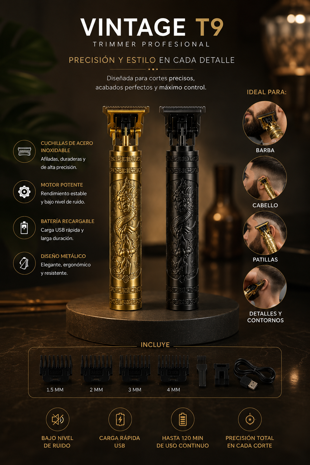 Afeitadora eléctrica multifuncional recargable con cabezal rotativo triple, cepillo facial, perfilador nasal y accesorios de precisión para el cuidado personal masculino.