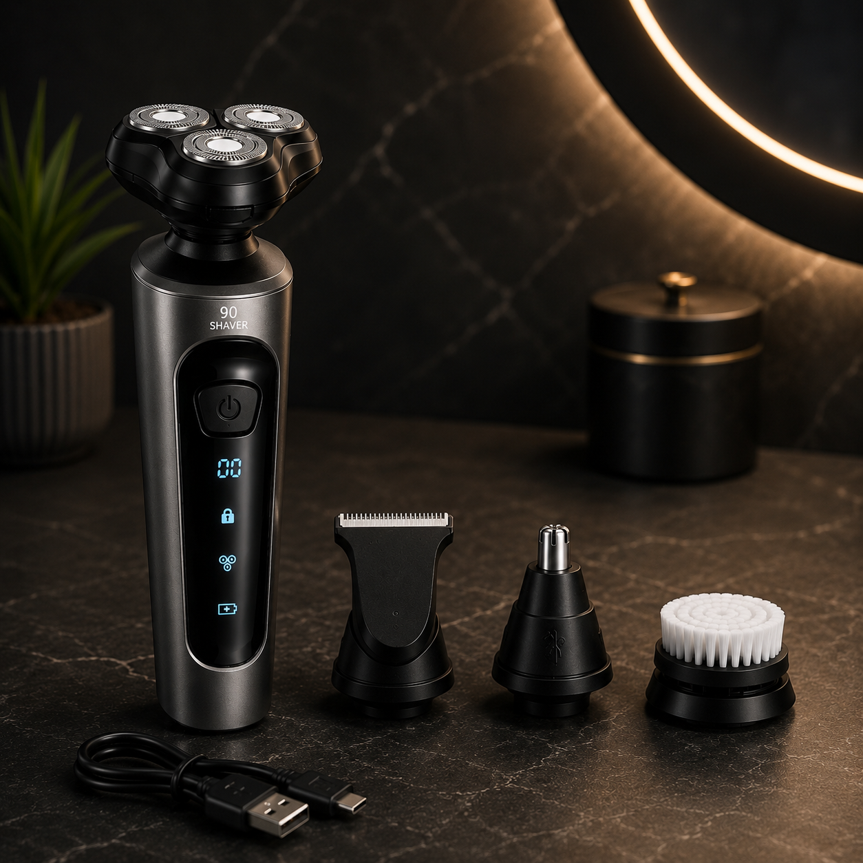 Afeitadora 4 en 1 Pro recargable con cabezal rotativo triple, perfilador nasal, cabezal de precisión y cepillo facial para el cuidado personal masculino.