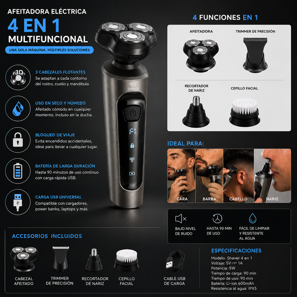 Afeitadora 4 en 1 Pro recargable con cabezal rotativo triple, perfilador nasal, cabezal de precisión y cepillo facial para el cuidado personal masculino.