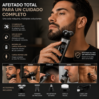 Afeitadora 4 en 1 Pro recargable con cabezal rotativo triple, perfilador nasal, cabezal de precisión y cepillo facial para el cuidado personal masculino.