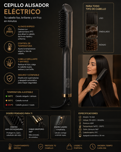 Cepillo eléctrico secador y moldeador para cabello con diseño ergonómico, múltiples niveles de temperatura y aire caliente para secar, alisar y dar volumen al cabello de forma práctica en casa.