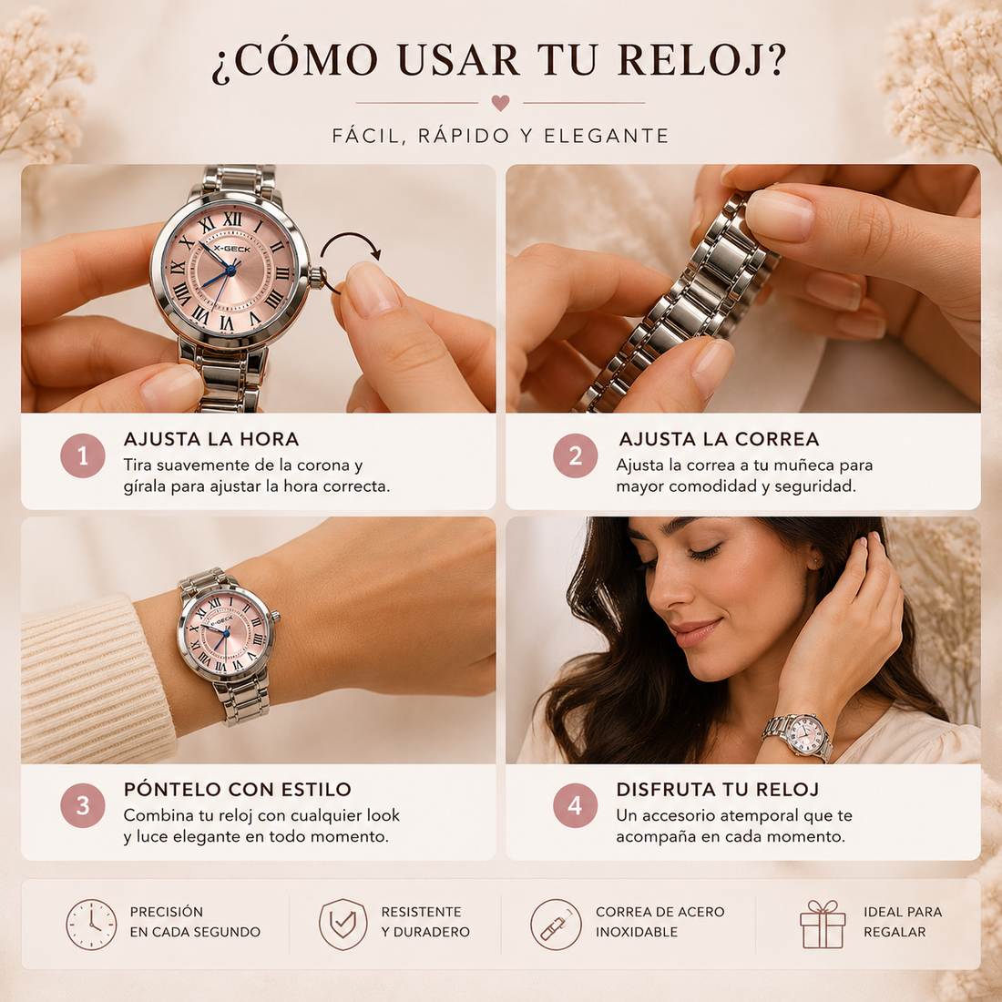 Reloj analógico para caballero con esfera redonda negra, números romanos, indicador de fecha, correa negra y diseño elegante para uso formal o diario.