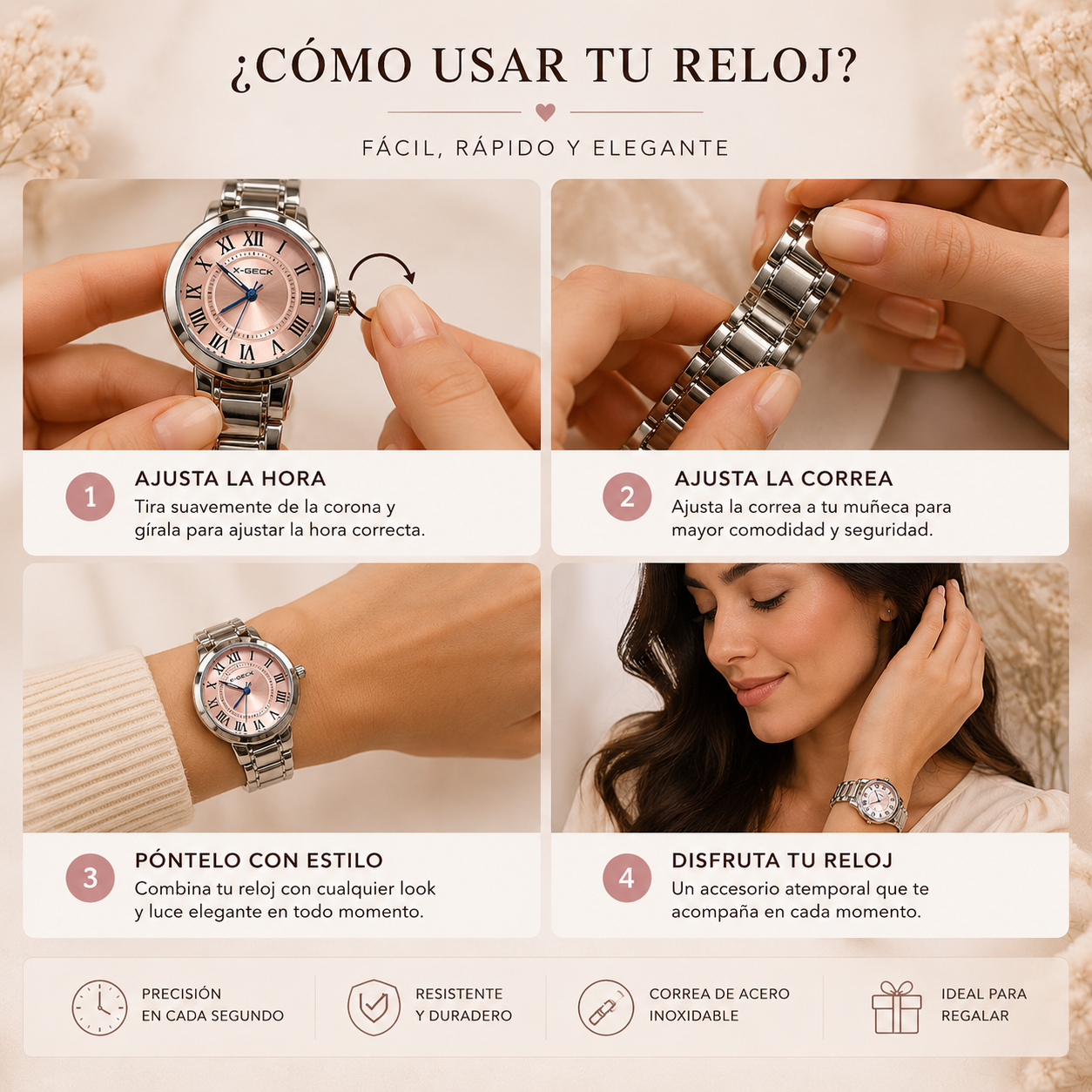 Reloj analógico para caballero con esfera redonda negra, números romanos, indicador de fecha, correa negra y diseño elegante para uso formal o diario.