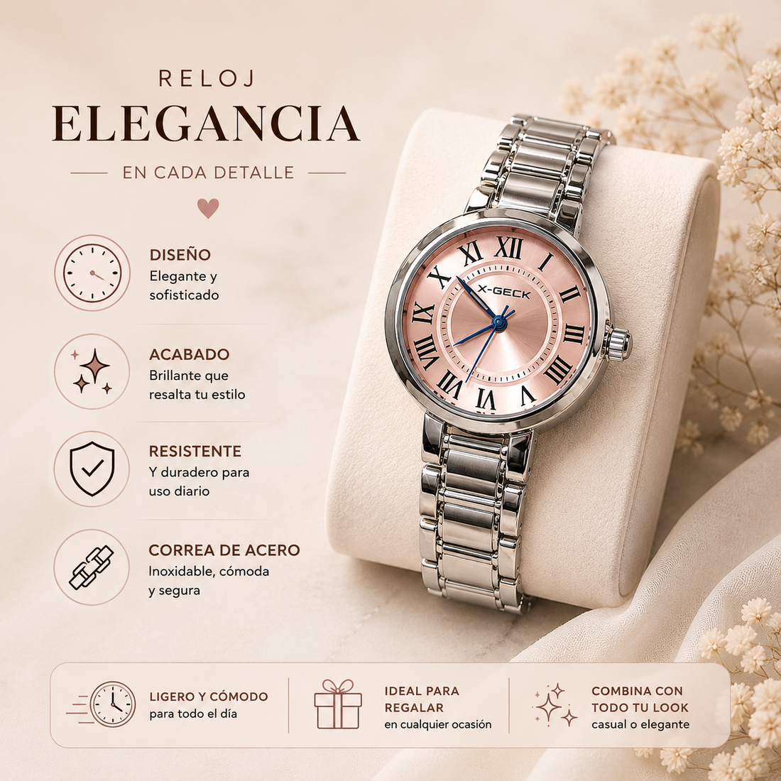 Reloj analógico para caballero con esfera redonda negra, números romanos, indicador de fecha, correa negra y diseño elegante para uso formal o diario.