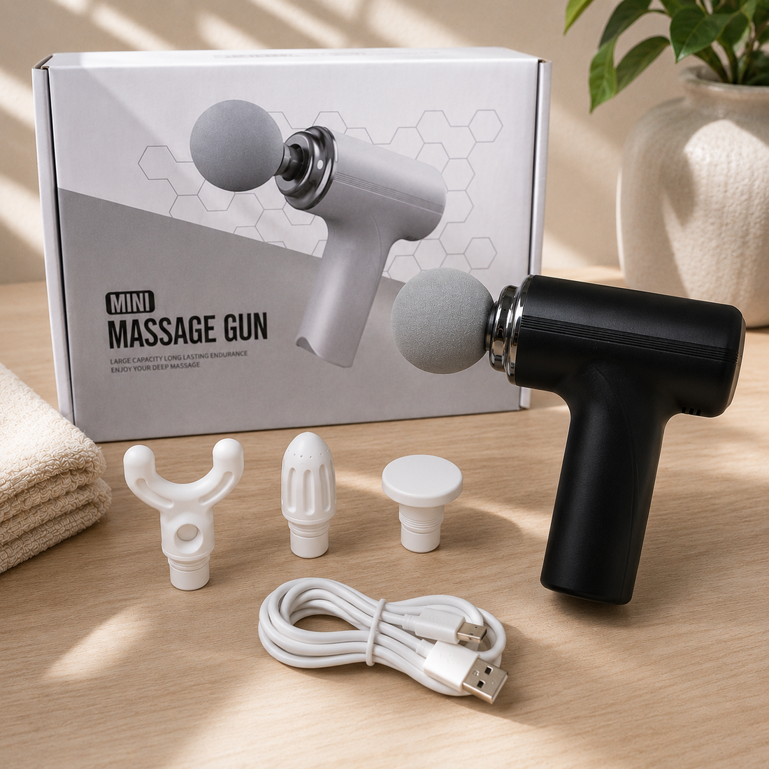 Pistola de masajes muscular con diseño ergonómico, ideal para aliviar la tensión, favorecer la recuperación después del ejercicio y brindar masajes de percusión en diferentes zonas del cuerpo.