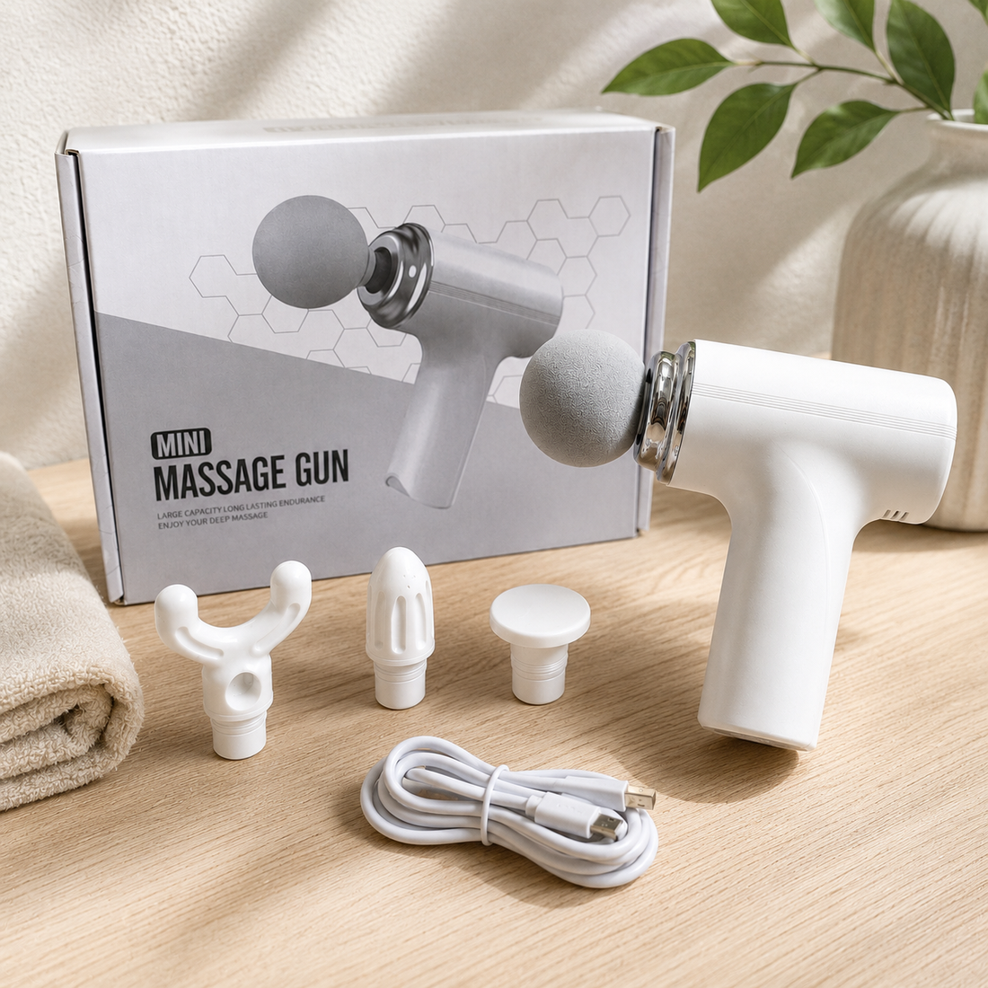 Pistola de masajes muscular con diseño ergonómico, ideal para aliviar la tensión, favorecer la recuperación después del ejercicio y brindar masajes de percusión en diferentes zonas del cuerpo.