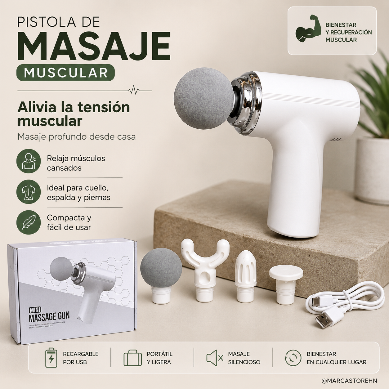 Pistola de masajes muscular con diseño ergonómico, ideal para aliviar la tensión, favorecer la recuperación después del ejercicio y brindar masajes de percusión en diferentes zonas del cuerpo.