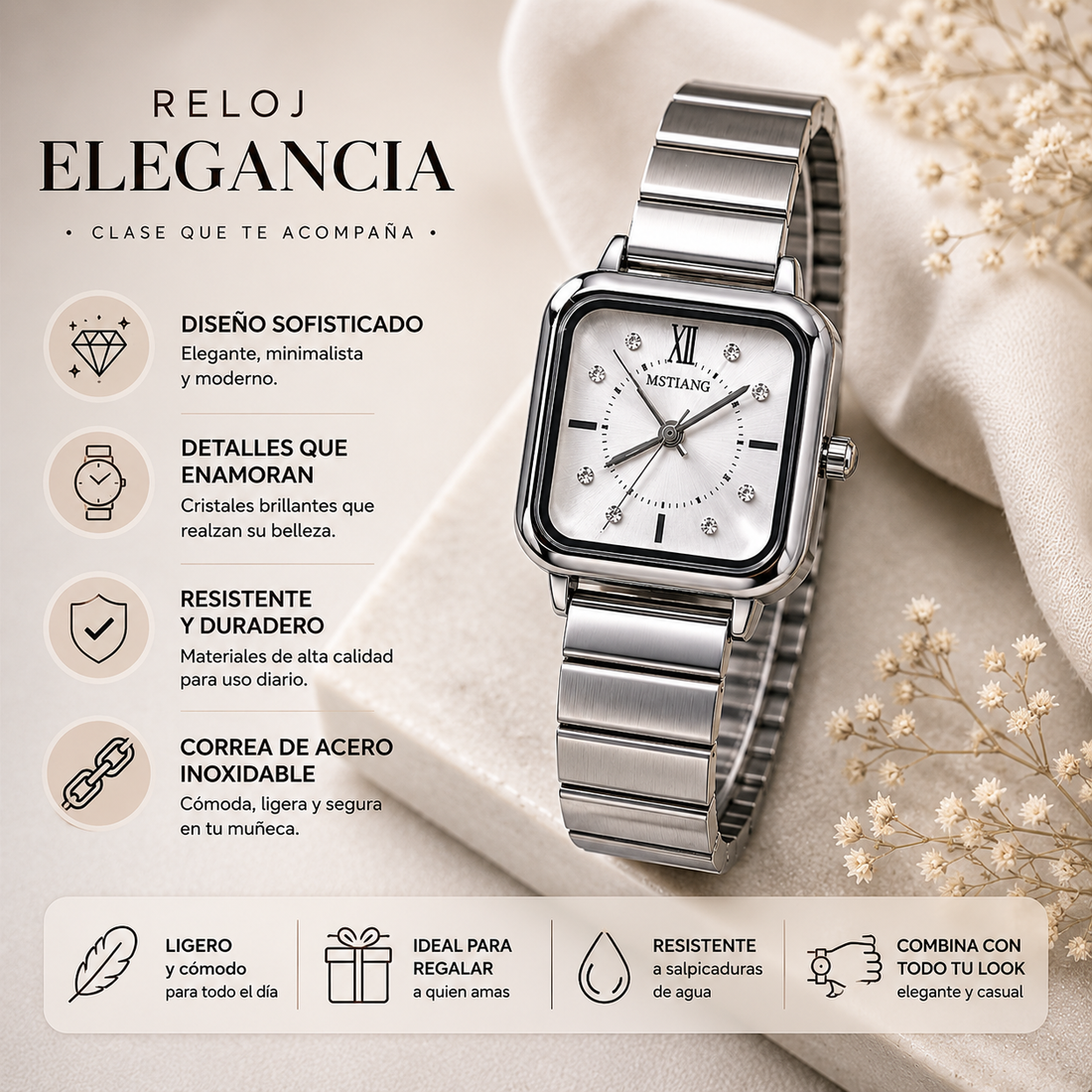 Reloj analógico para dama con caja cuadrada plateada, esfera clara con detalles brillantes y pulsera metálica de eslabones, ideal para complementar atuendos elegantes y casuales.