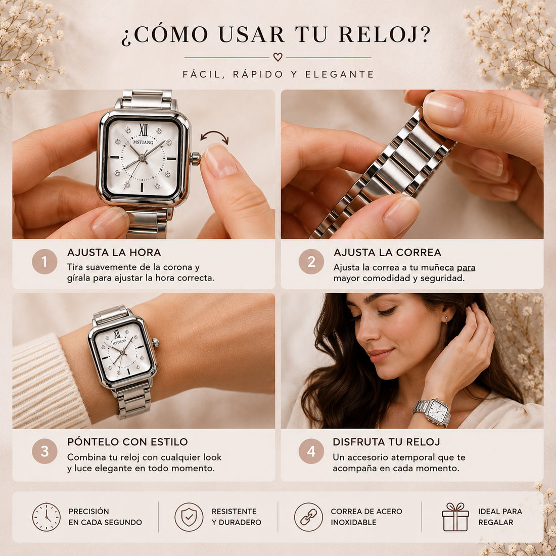 Reloj analógico para dama con caja cuadrada plateada, esfera clara con detalles brillantes y pulsera metálica de eslabones, ideal para complementar atuendos elegantes y casuales.