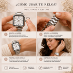 Reloj analógico para dama con caja cuadrada plateada, esfera clara con detalles brillantes y pulsera metálica de eslabones, ideal para complementar atuendos elegantes y casuales.