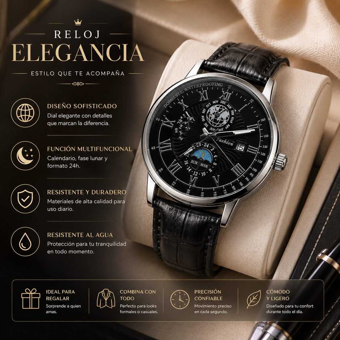 Reloj analógico redondo color negro con diseño elegante, esfera de fácil lectura, acabado moderno y estilo versátil para uso diario o formal.Reloj analógico redondo color negro con diseño elegante, esfera de fácil lectura, acabado moderno y estilo versátil para uso diario o formal.