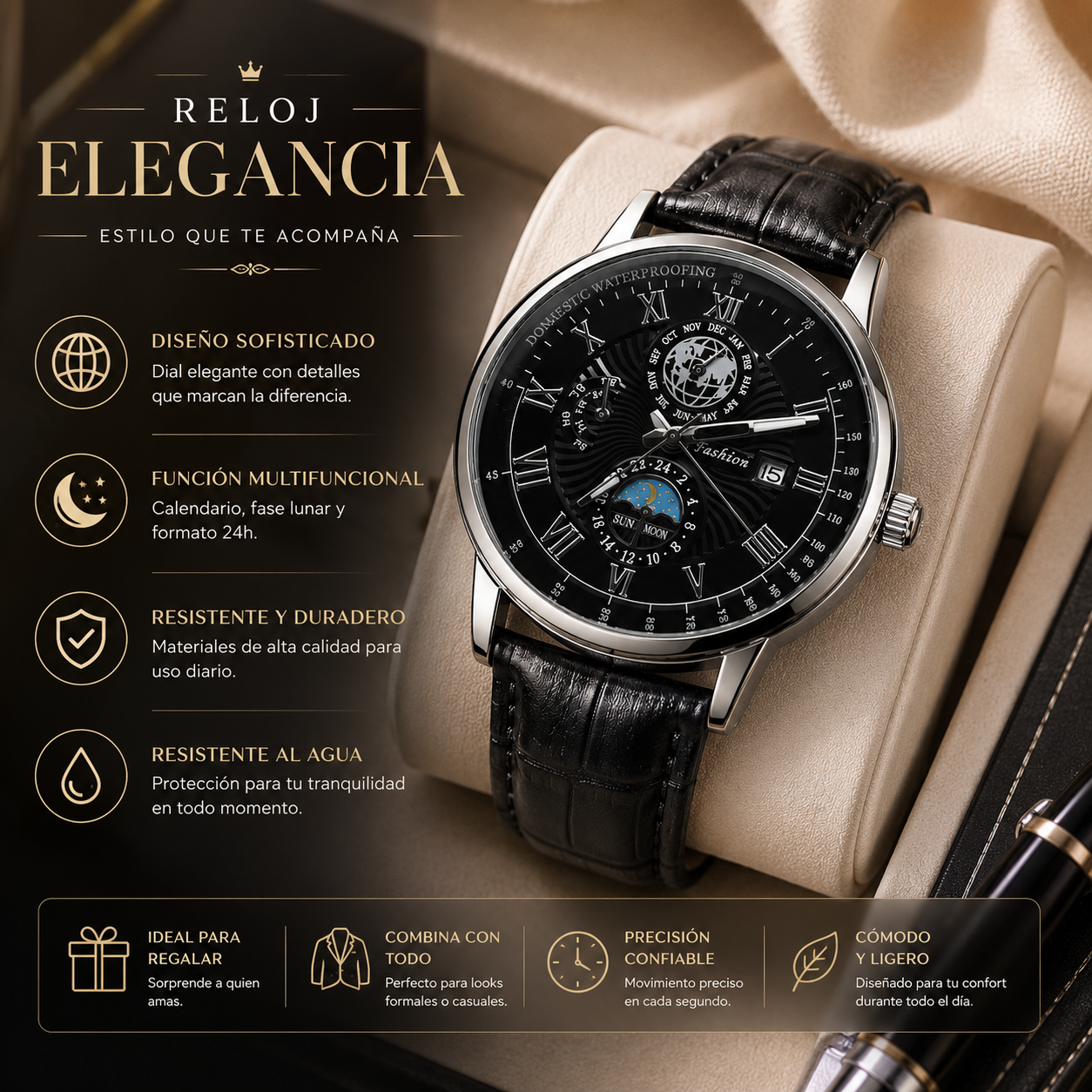 Reloj analógico redondo color negro con diseño elegante, esfera de fácil lectura, acabado moderno y estilo versátil para uso diario o formal.Reloj analógico redondo color negro con diseño elegante, esfera de fácil lectura, acabado moderno y estilo versátil para uso diario o formal.
