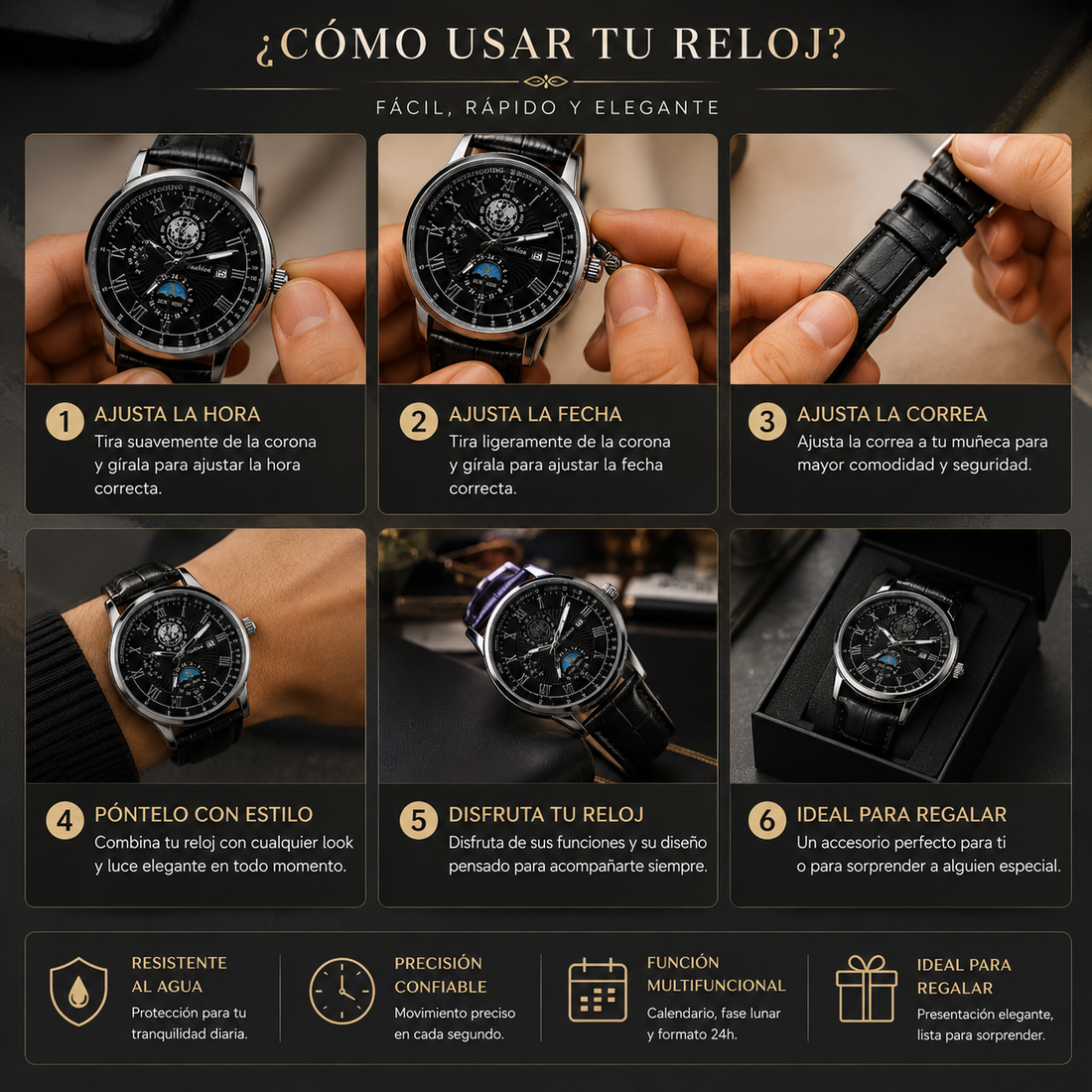 Reloj analógico redondo color negro con diseño elegante, esfera de fácil lectura, acabado moderno y estilo versátil para uso diario o formal.