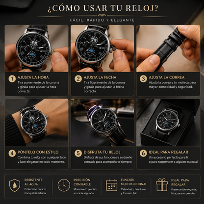 Reloj analógico redondo color negro con diseño elegante, esfera de fácil lectura, acabado moderno y estilo versátil para uso diario o formal.